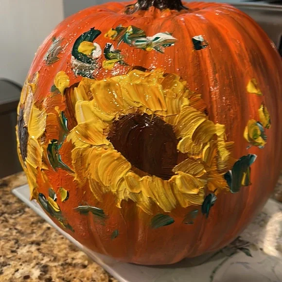 HAND PAINTED SUNFLOWERS ON A LARGE PLASTIC PUMPKIN - Picture 3 of 4